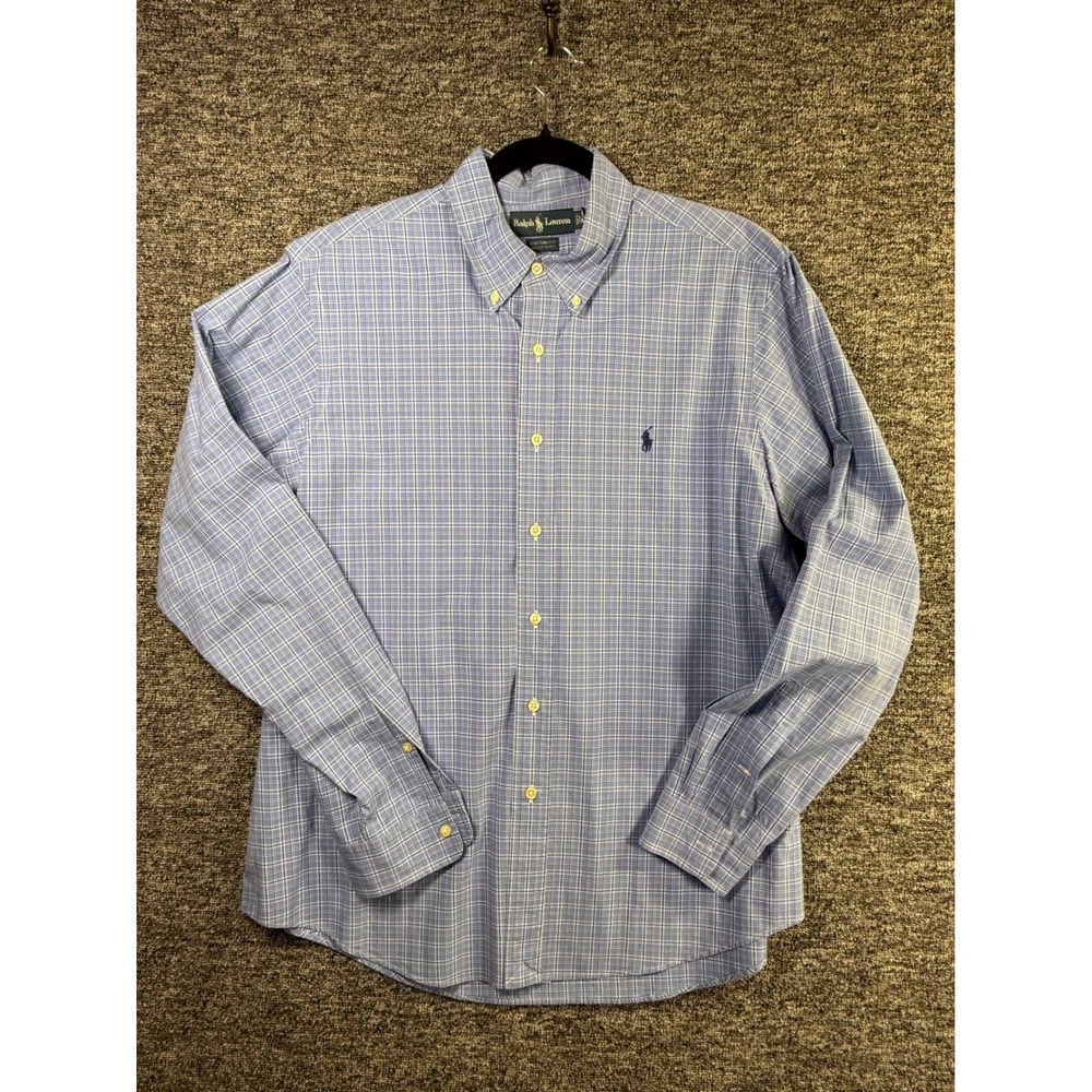 Ralph Lauren Mens‎ Custom Fit Blue White Plaid Button Down Dress Shirt 17